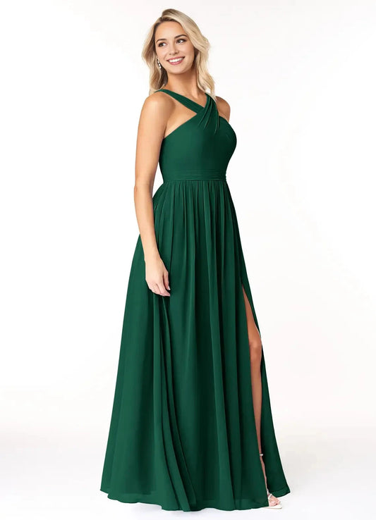 Emerald Green Cross - Strap Maxi Dress with Side Slit Emerald A-Line Pleated Chiffon Dress Bridesmaid Dresses by YiHuiw