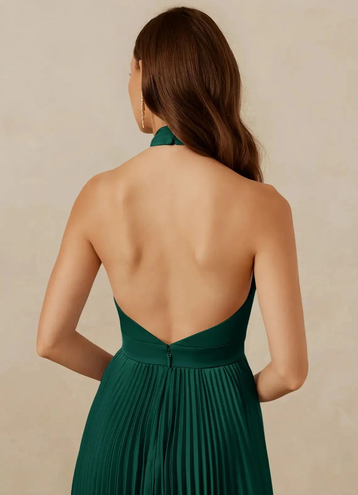 Emerald Green Halter Neck Pleated Maxi Dress with Side Slit A-Line Pleated Stretch Satin Dress Bridesmaid Dresses by YiHuiw