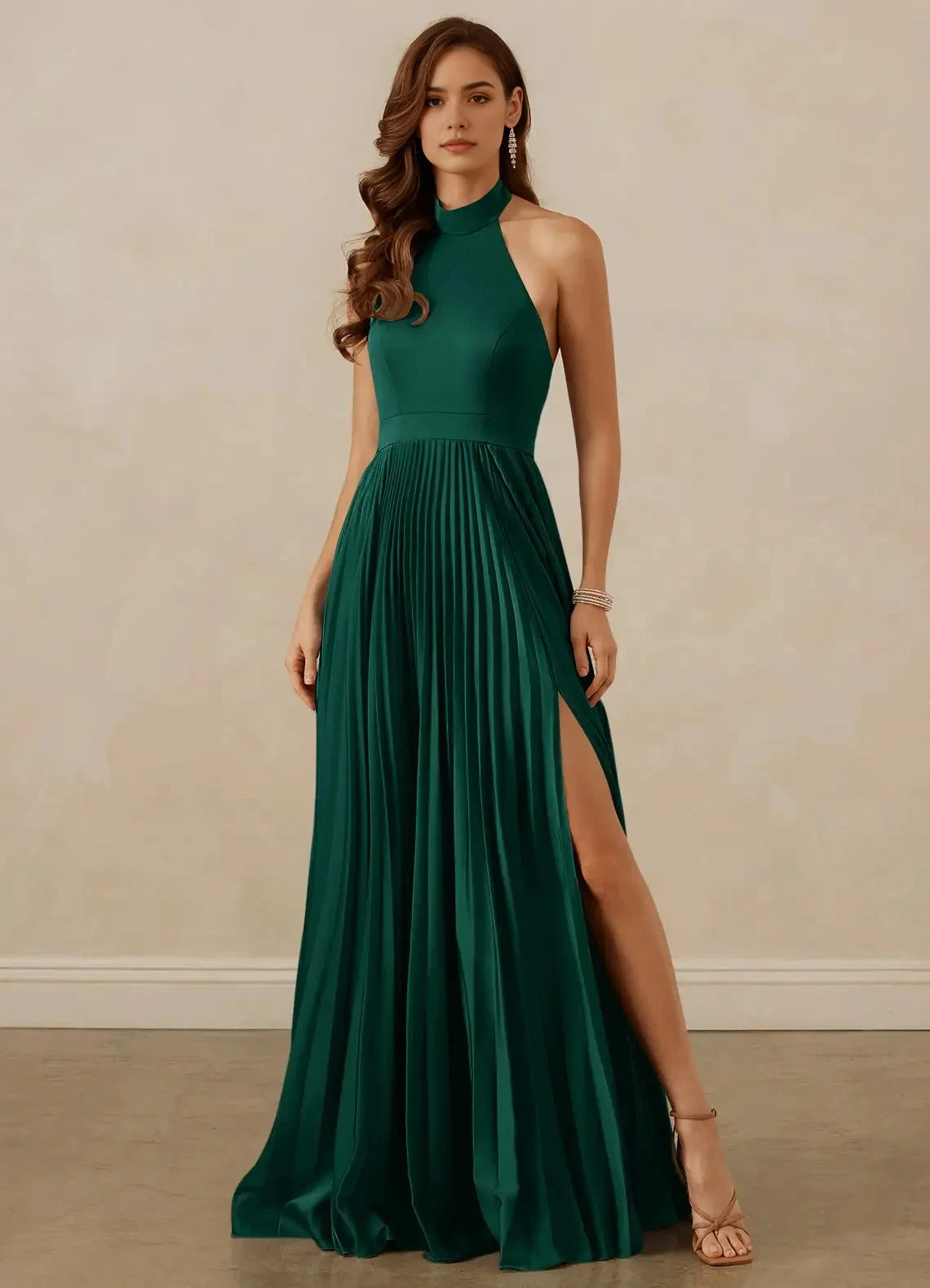 Emerald Green Halter Neck Pleated Maxi Dress with Side Slit A-Line Pleated Stretch Satin Dress Bridesmaid Dresses by YiHuiw