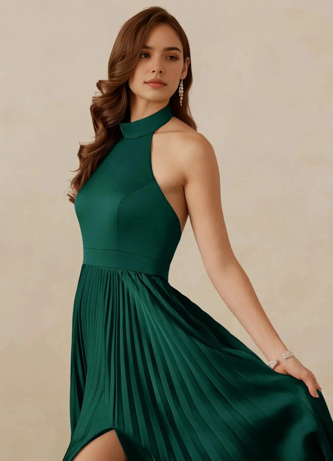 Emerald Green Halter Neck Pleated Maxi Dress with Side Slit A-Line Pleated Stretch Satin Dress Bridesmaid Dresses by YiHuiw