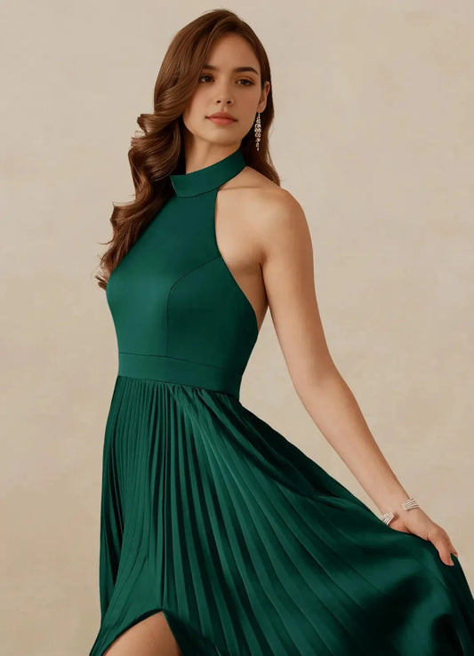 Emerald Green Halter Neck Pleated Maxi Dress with Side Slit A-Line Pleated Stretch Satin Dress Bridesmaid Dresses by YiHuiw