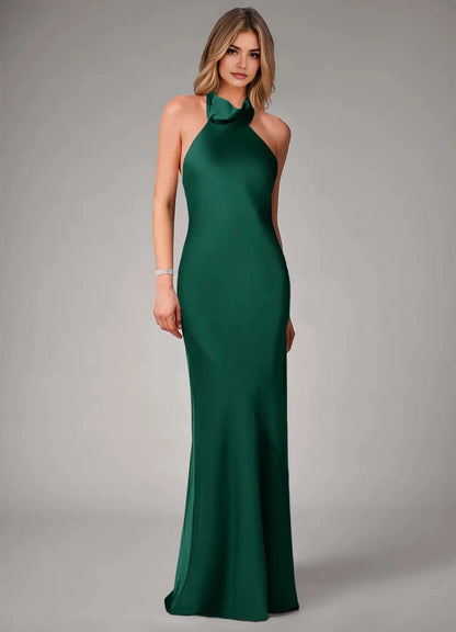 Emerald Green Halter Neck Satin Maxi Dress Emerald Mermaid Stretch Satin Dress Bridesmaid Dresses by YiHuiw