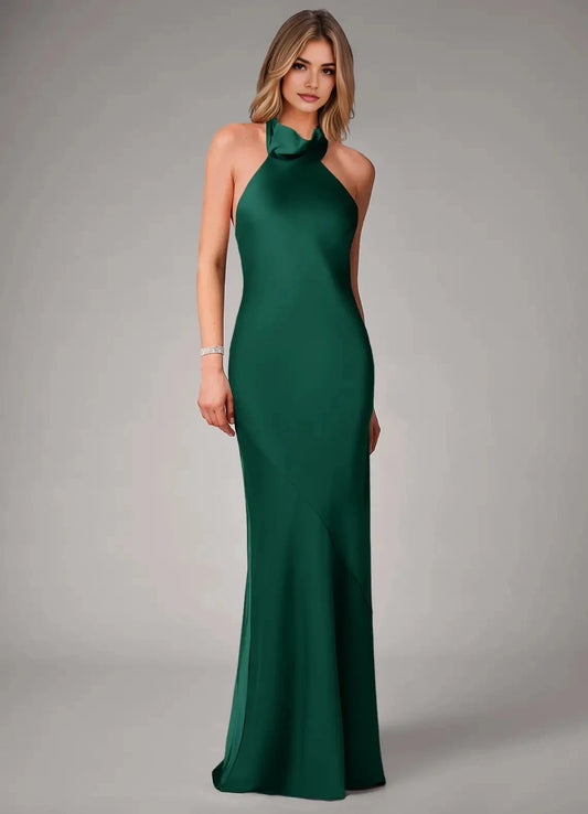 Emerald Green Halter Neck Satin Maxi Dress Emerald Mermaid Stretch Satin Dress Bridesmaid Dresses by YiHuiw