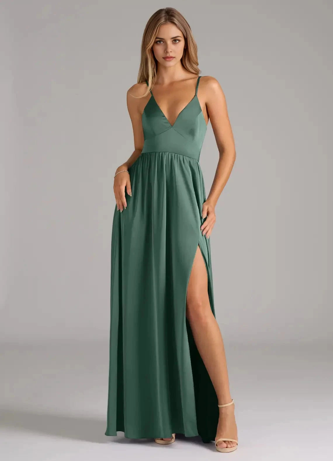 Emerald Green Lace-Up Back Spaghetti Strap Maxi Dress with Side Slit A-Line Corset Stretch Satin Dress Bridesmaid Dresses by YiHuiw