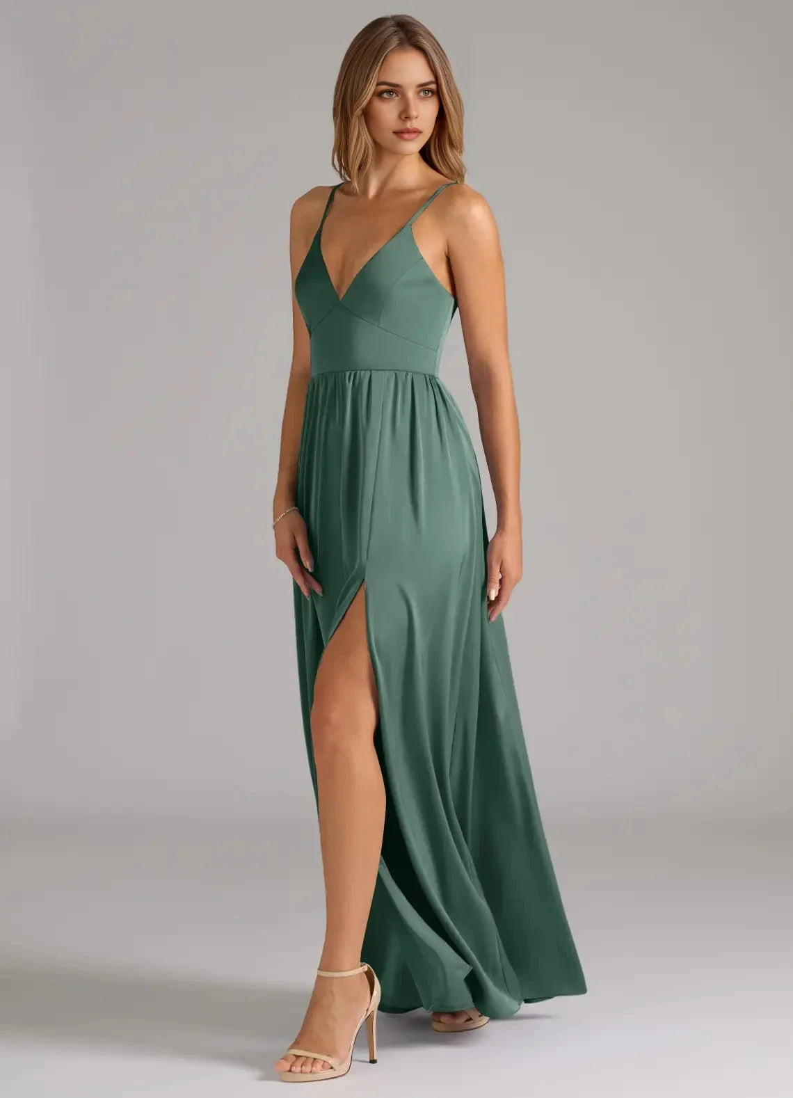 Emerald Green Lace-Up Back Spaghetti Strap Maxi Dress with Side Slit A-Line Corset Stretch Satin Dress Bridesmaid Dresses by YiHuiw