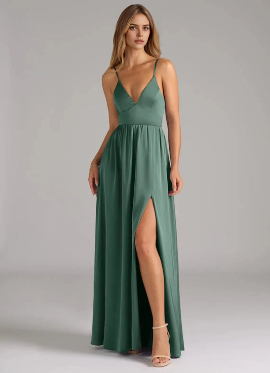 Emerald Green Lace-Up Back Spaghetti Strap Maxi Dress with Side Slit A-Line Corset Stretch Satin Dress Bridesmaid Dresses by YiHuiw
