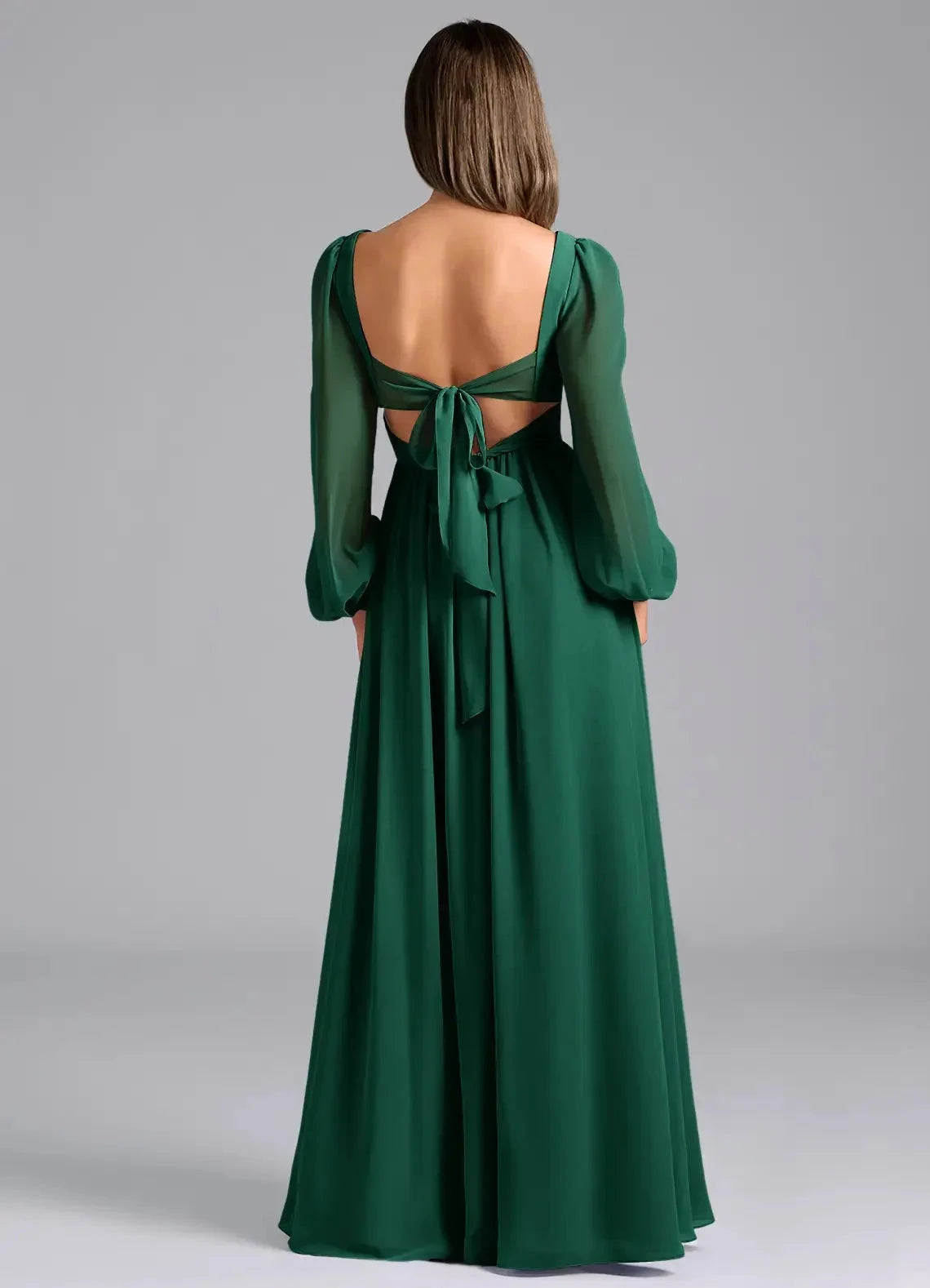 Emerald Green Long Sleeve Maxi Dress with Open Back and Side Slit A-Line Long Sleeve Chiffon Dress Bridesmaid Dresses by YiHuiw