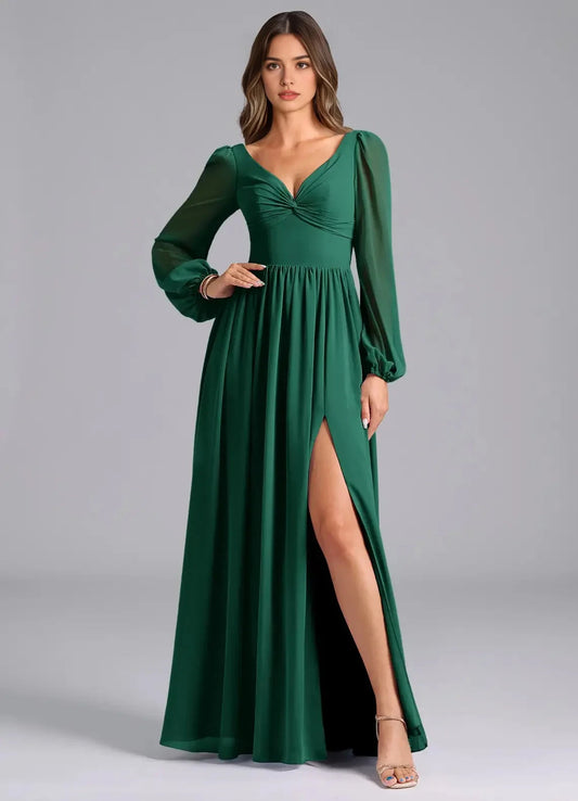Emerald Green Long Sleeve Maxi Dress with Open Back and Side Slit A-Line Long Sleeve Chiffon Dress Bridesmaid Dresses by YiHuiw