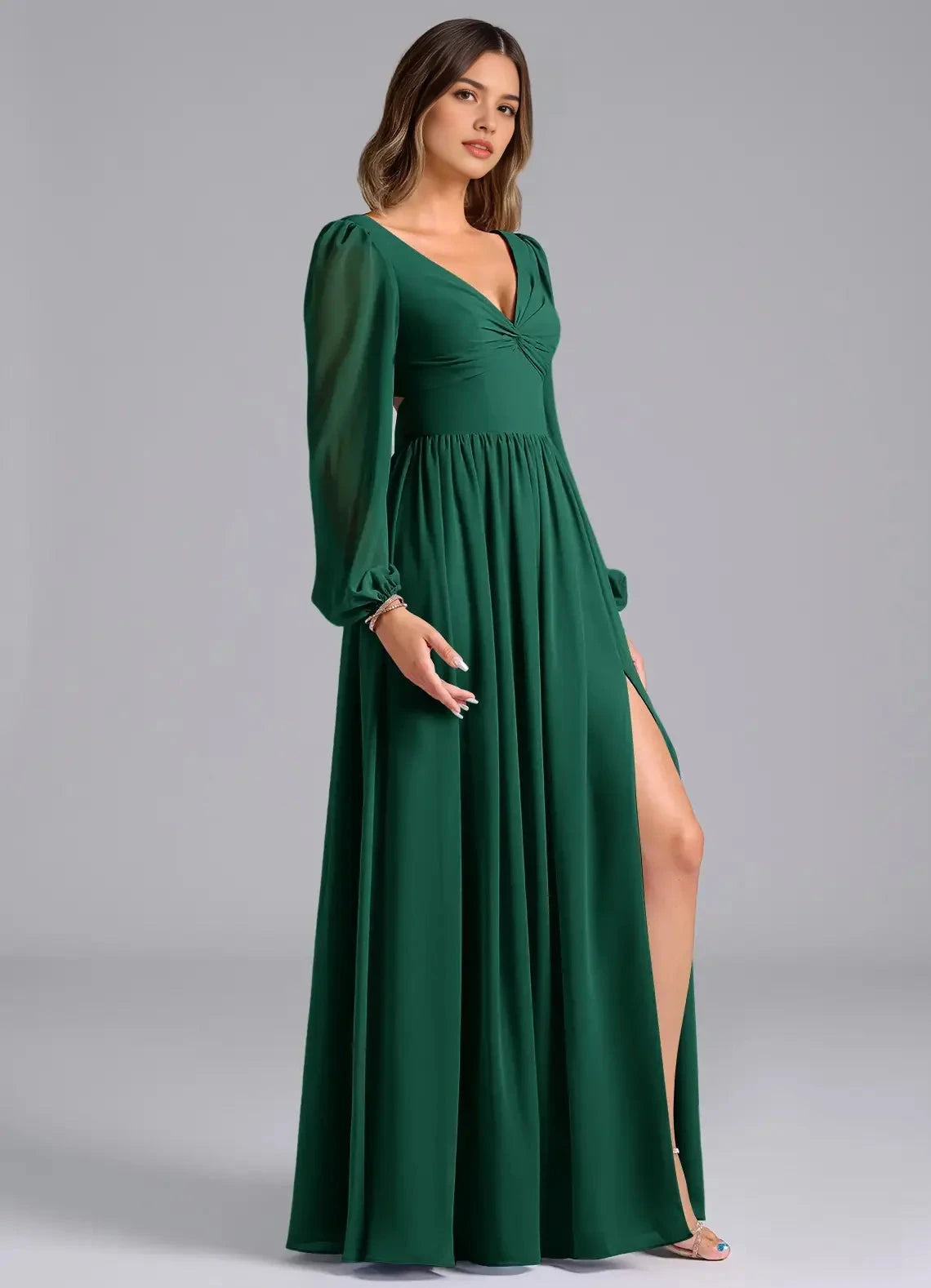 Emerald Green Long Sleeve Maxi Dress with Open Back and Side Slit A-Line Long Sleeve Chiffon Dress Bridesmaid Dresses by YiHuiw