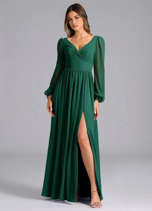 Emerald Green Long Sleeve Maxi Dress with Open Back and Side Slit A-Line Long Sleeve Chiffon Dress Bridesmaid Dresses by YiHuiw