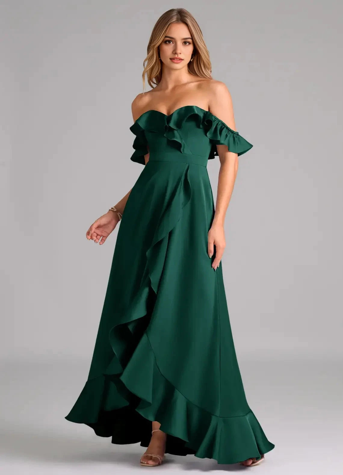 Emerald Green Off-Shoulder Ruffled Maxi Dress A-Line Off the Shoulder Stretch Satin Convertible Dress Bridesmaid Dresses by YiHuiw