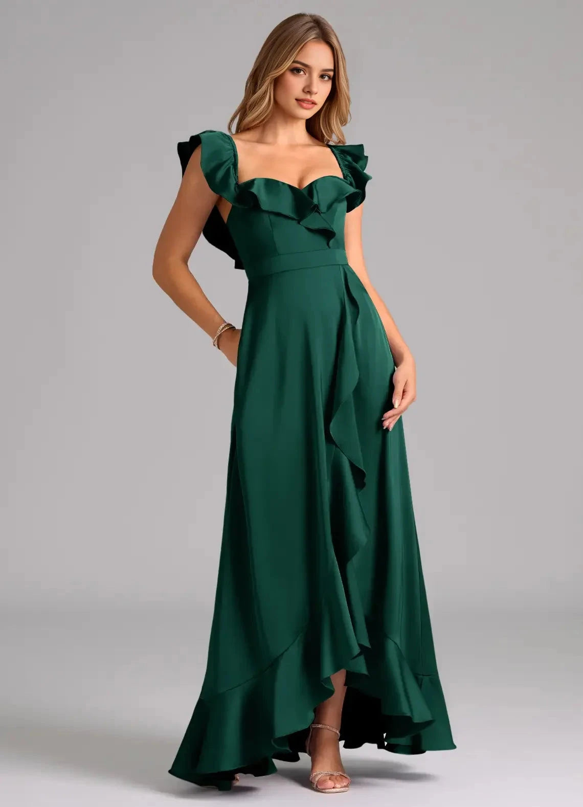 Emerald Green Off-Shoulder Ruffled Maxi Dress A-Line Off the Shoulder Stretch Satin Convertible Dress Bridesmaid Dresses by YiHuiw