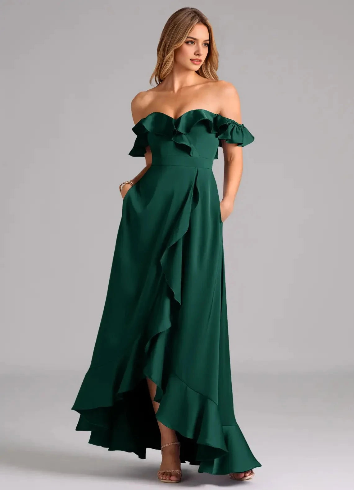 Emerald Green Off-Shoulder Ruffled Maxi Dress A-Line Off the Shoulder Stretch Satin Convertible Dress Bridesmaid Dresses by YiHuiw