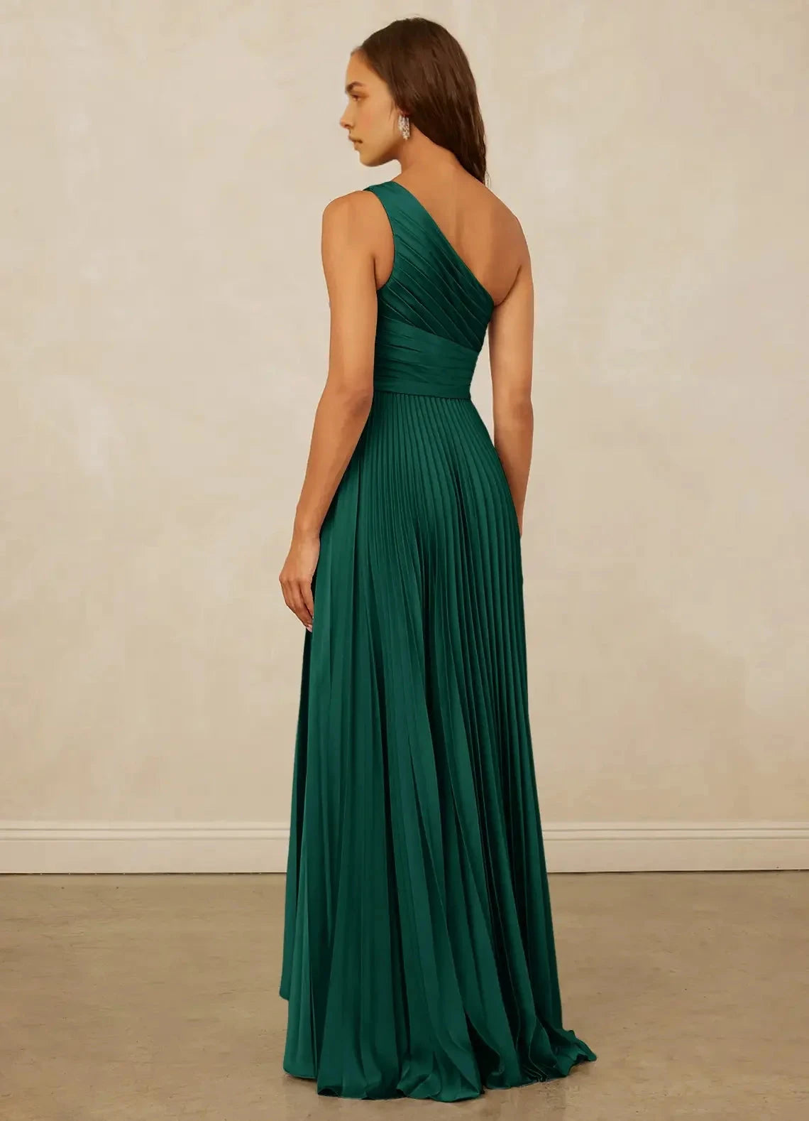Emerald Green One-Shoulder Pleated Maxi Dress with Ruffled Detail A-Line One Shoulder Stretch Satin Dress Bridesmaid Dresses by YiHuiw