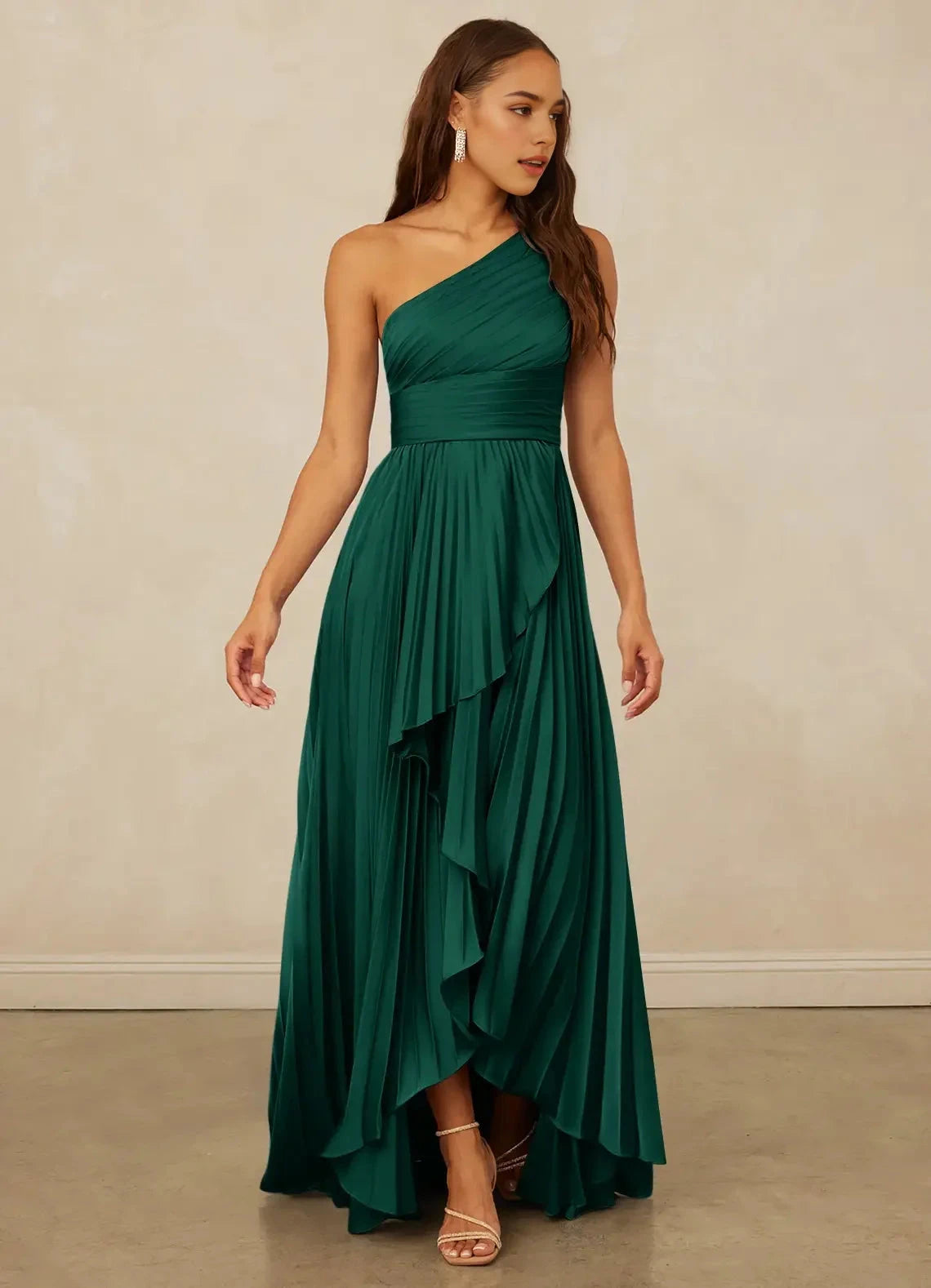 Emerald Green One-Shoulder Pleated Maxi Dress with Ruffled Detail A-Line One Shoulder Stretch Satin Dress Bridesmaid Dresses by YiHuiw