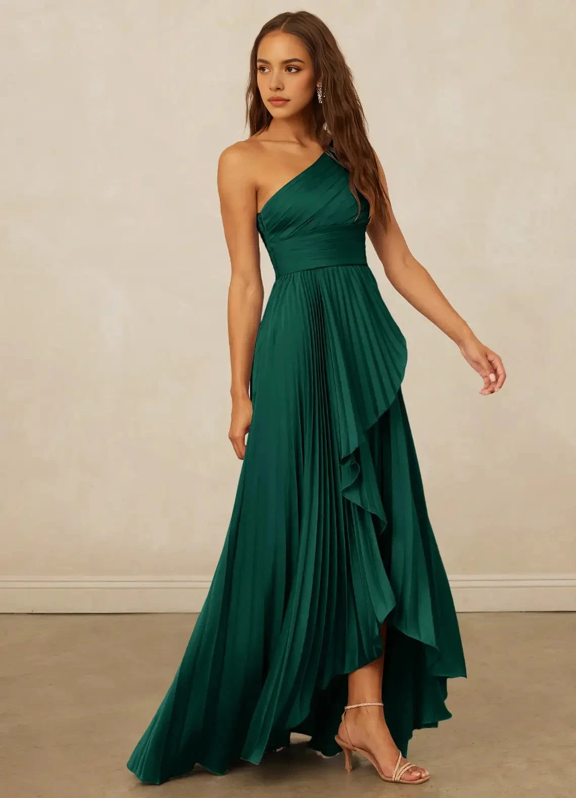 Emerald Green One-Shoulder Pleated Maxi Dress with Ruffled Detail A-Line One Shoulder Stretch Satin Dress Bridesmaid Dresses by YiHuiw