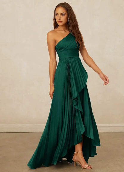 Emerald Green One-Shoulder Pleated Maxi Dress with Ruffled Detail A-Line One Shoulder Stretch Satin Dress Bridesmaid Dresses by YiHuiw