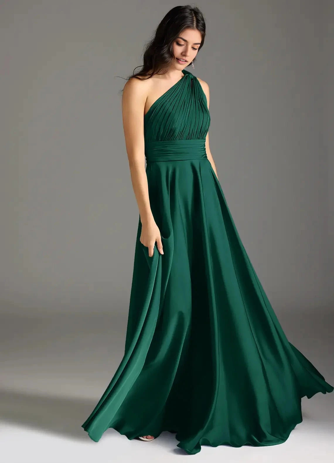 Emerald Green One-Shoulder Pleated Maxi Dress Emerald A-Line One Shoulder Stretch Satin Dress Bridesmaid Dresses by YiHuiw