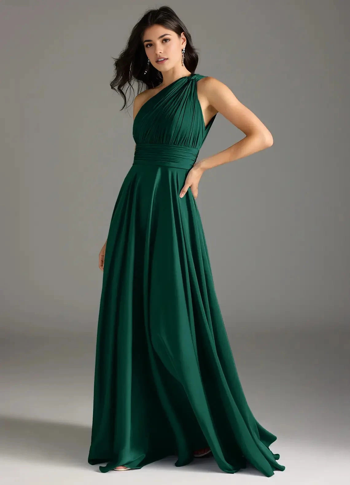 Emerald Green One-Shoulder Pleated Maxi Dress Emerald A-Line One Shoulder Stretch Satin Dress Bridesmaid Dresses by YiHuiw