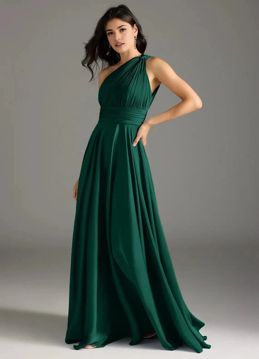 Emerald Green One-Shoulder Pleated Maxi Dress Emerald A-Line One Shoulder Stretch Satin Dress Bridesmaid Dresses by YiHuiw