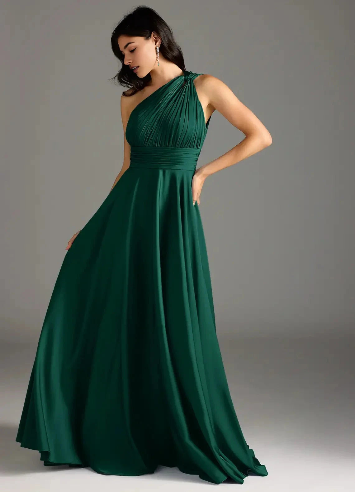 Emerald Green One-Shoulder Pleated Maxi Dress Emerald A-Line One Shoulder Stretch Satin Dress Bridesmaid Dresses by YiHuiw