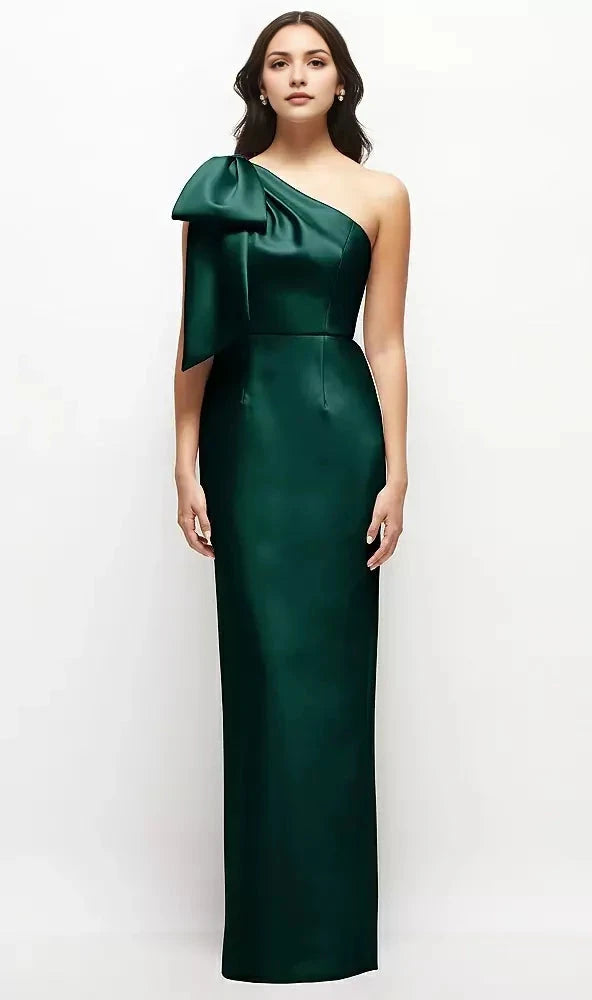 Emerald Green One Shedder Satin Maxi Dress with Bow satin twill fabric, easy and chic Mother of the Bride Dresses by YiHuiw