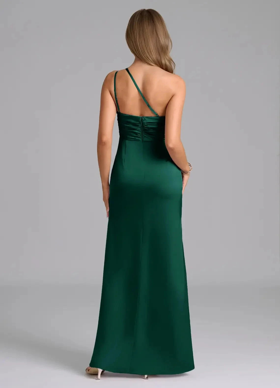 Emerald Green One-Shoulder Satin Maxi Dress with Side Slit Emerald Mermaid One Shoulder Stretch Satin Dress Bridesmaid Dresses by YiHuiw