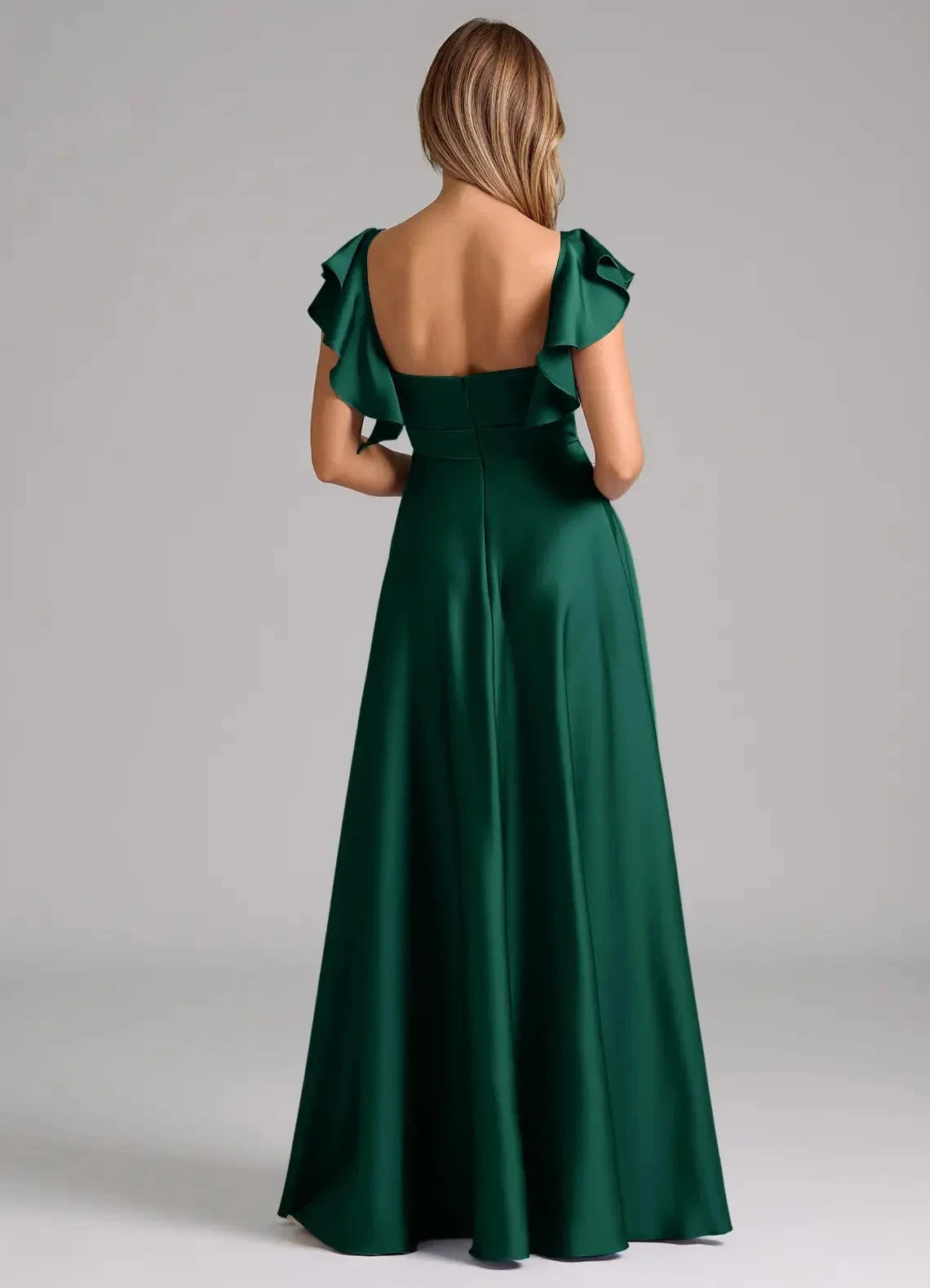Emerald Green Ruffled Strap Maxi Dress A-Line Ruched Stretch Satin Dress Bridesmaid Dresses by YiHuiw