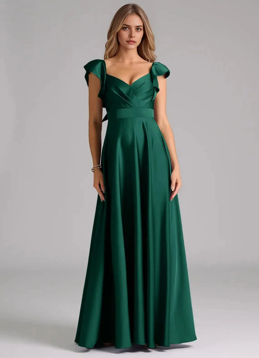 Emerald Green Ruffled Strap Maxi Dress A-Line Ruched Stretch Satin Dress Bridesmaid Dresses by YiHuiw
