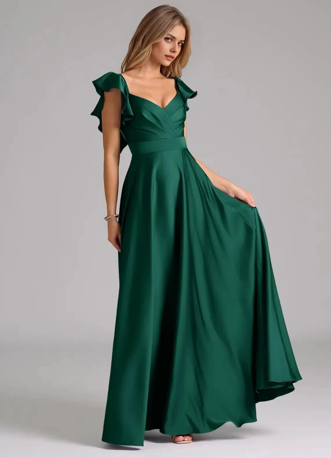 Emerald Green Ruffled Strap Maxi Dress A-Line Ruched Stretch Satin Dress Bridesmaid Dresses by YiHuiw