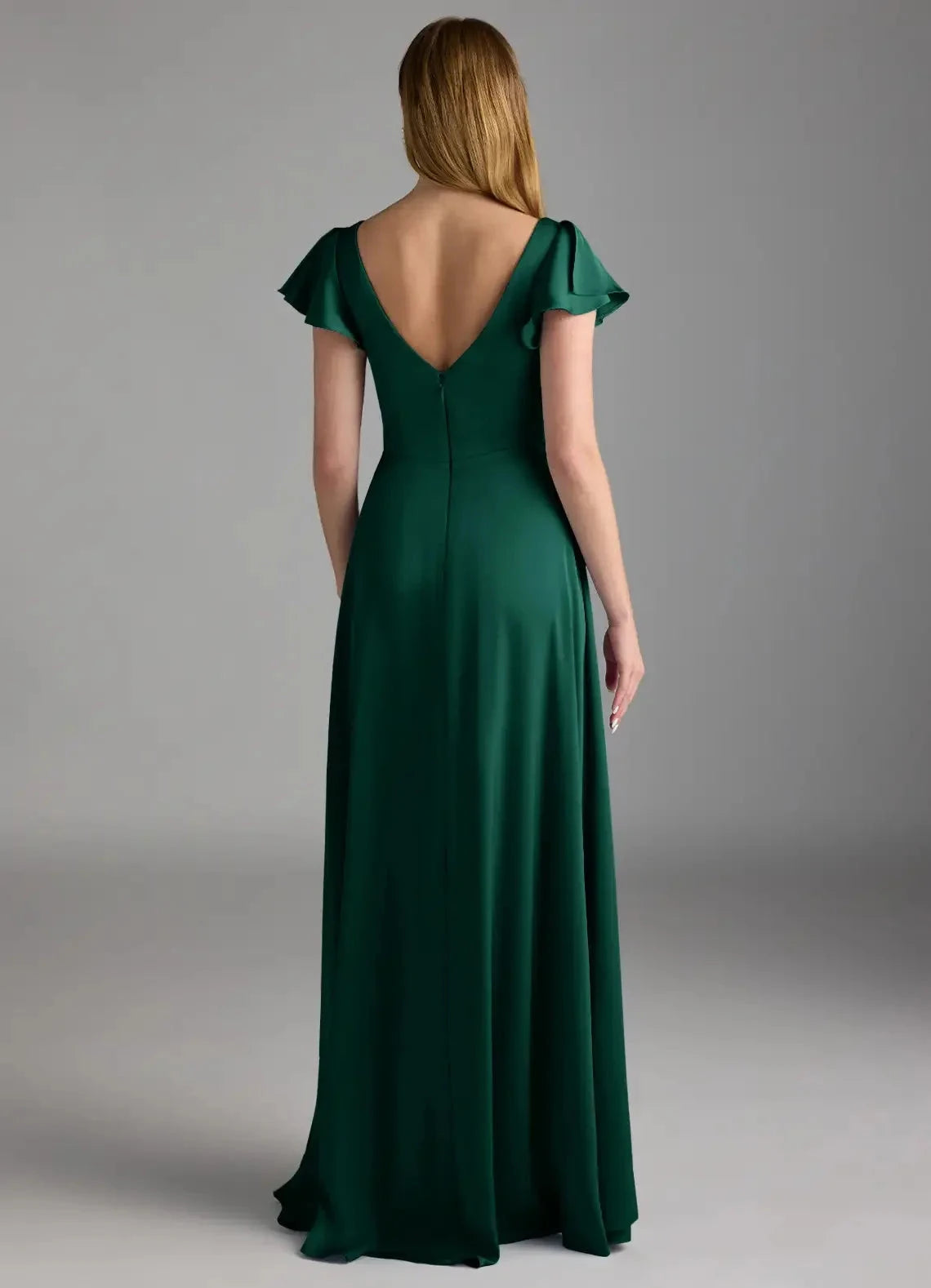Emerald Green Ruffled V-Neck Maxi Dress with Side Slit A-Line Stretch Satin Dress Bridesmaid Dresses by YiHuiw