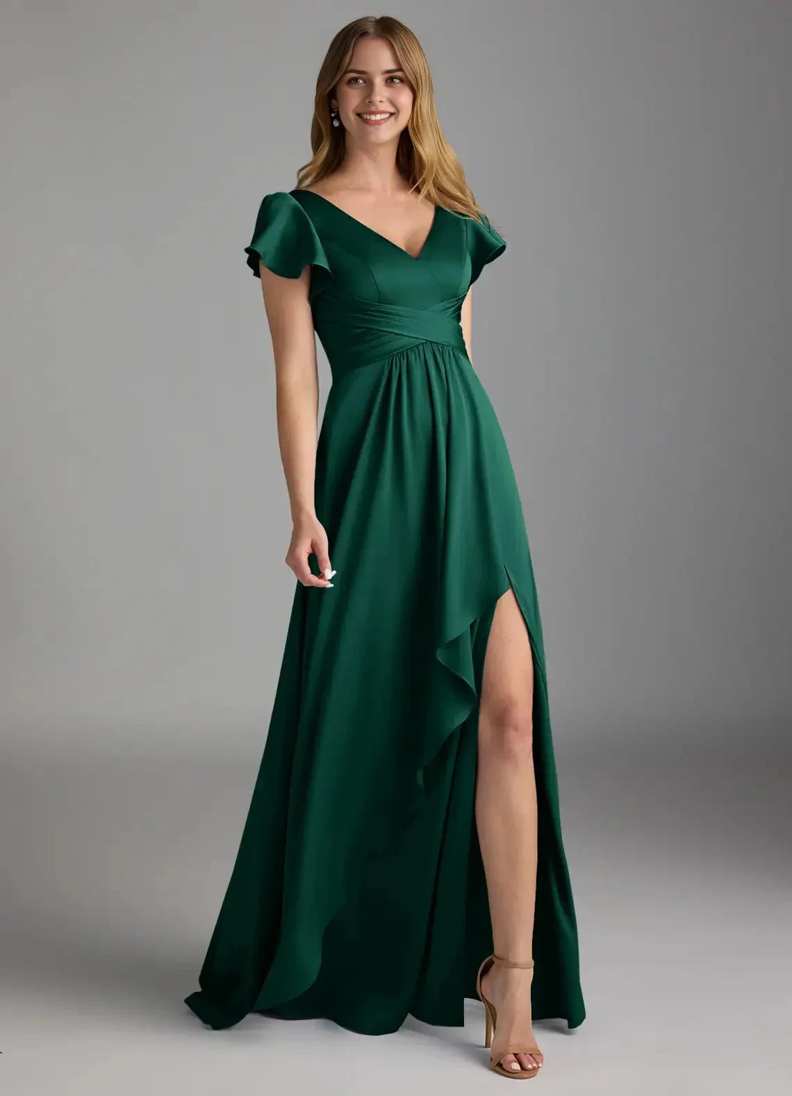 Emerald Green Ruffled V-Neck Maxi Dress with Side Slit A-Line Stretch Satin Dress Bridesmaid Dresses by YiHuiw