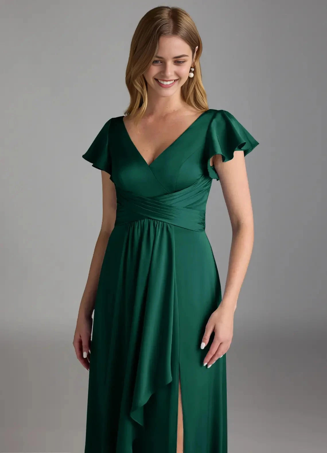 Emerald Green Ruffled V-Neck Maxi Dress with Side Slit A-Line Stretch Satin Dress Bridesmaid Dresses by YiHuiw
