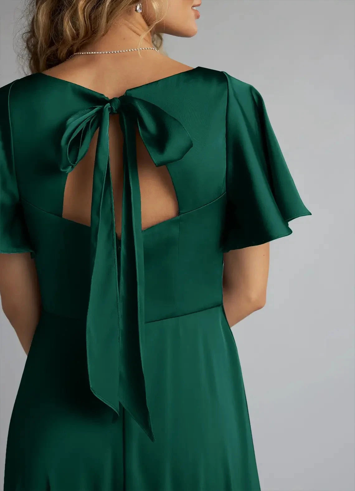 Emerald Green Satin Flutter Sleeve V-Neck Maxi Dress with Back Bow and Side Slit Emerald A-Line Ruched Stretch Satin Dress Bridesmaid Dresses by YiHuiw