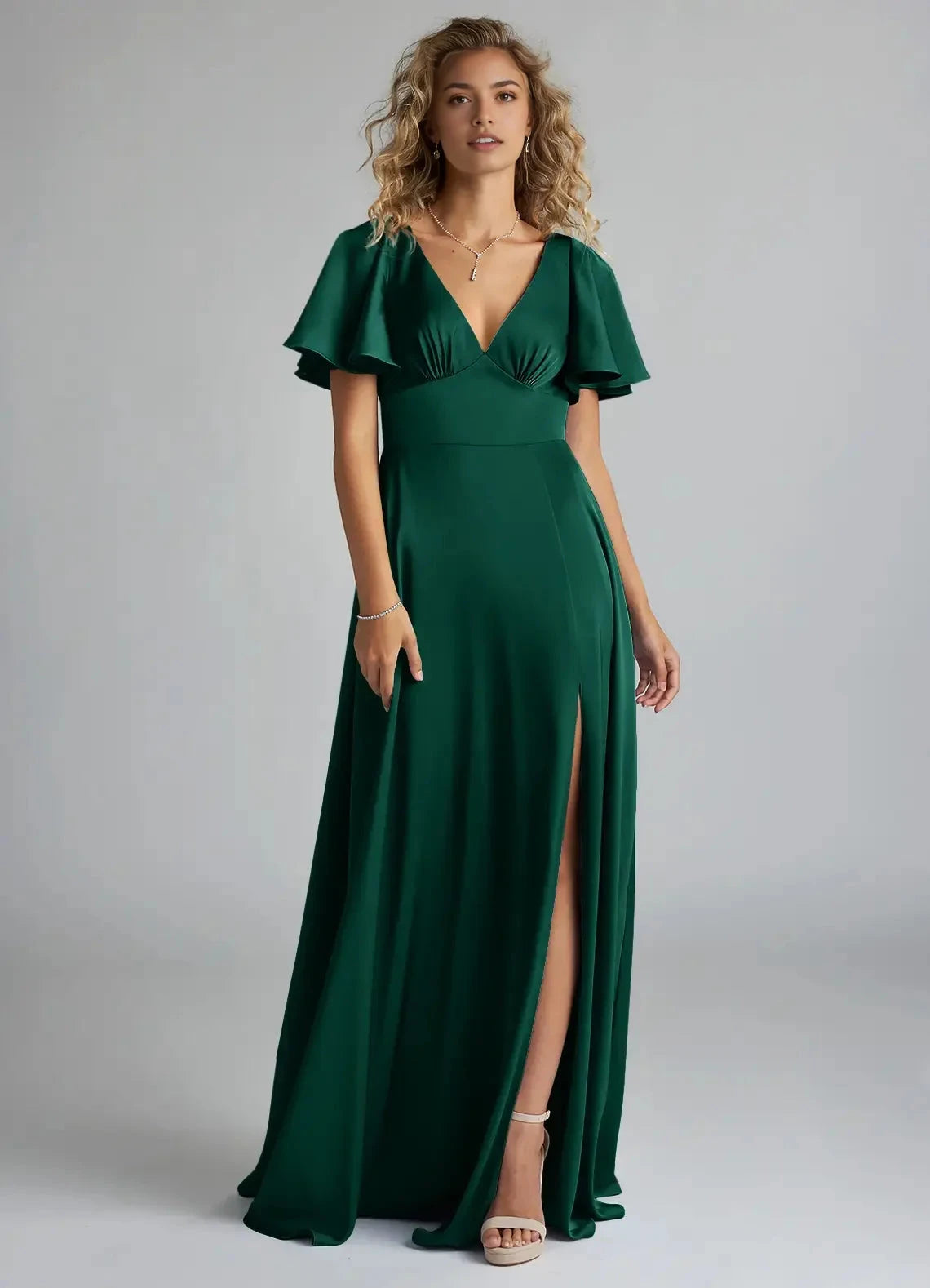 Emerald Green Satin Flutter Sleeve V-Neck Maxi Dress with Back Bow and Side Slit Emerald A-Line Ruched Stretch Satin Dress Bridesmaid Dresses by YiHuiw