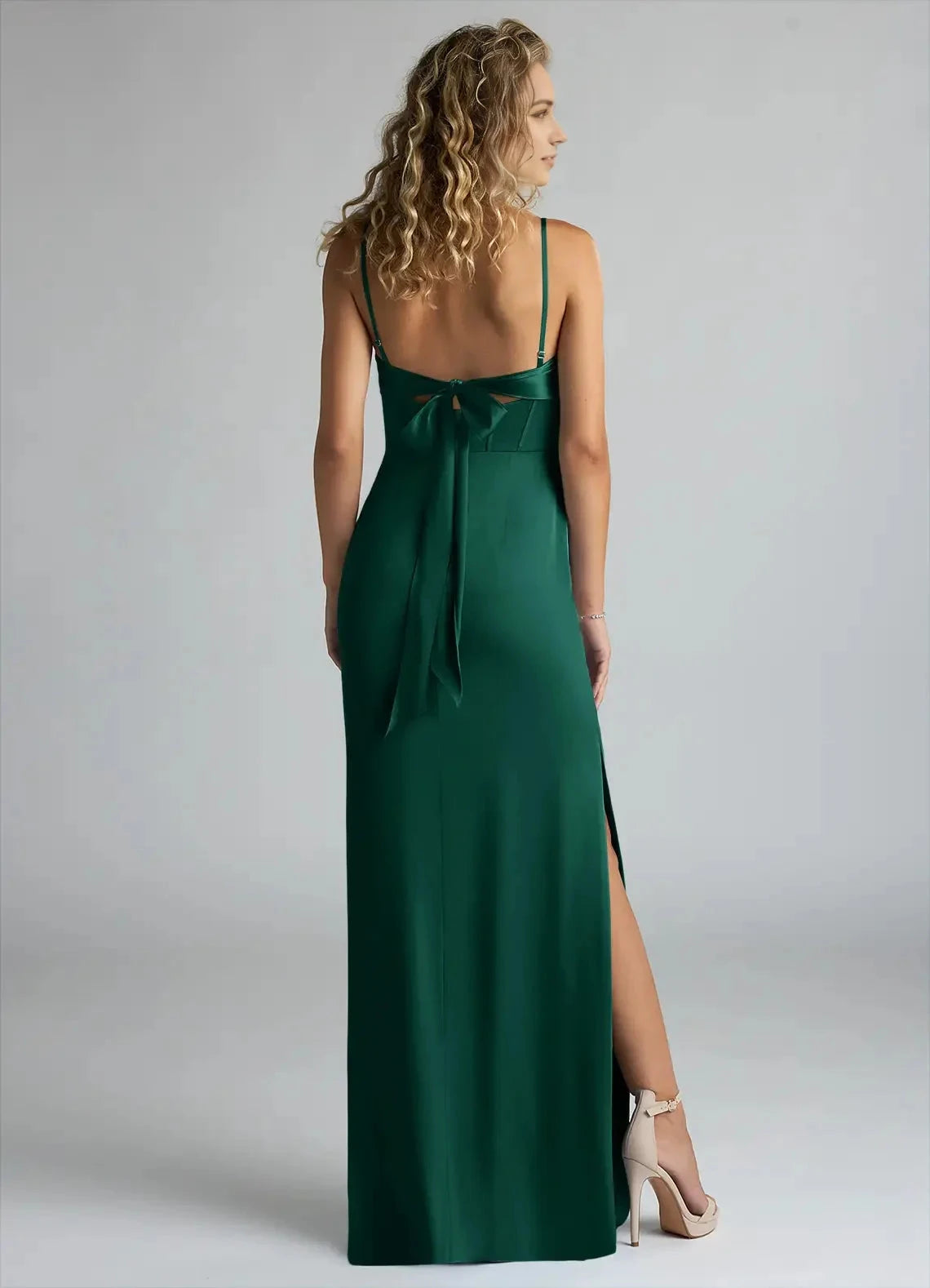 Emerald Green Satin Maxi Dress with Bow Back and Side Slit Sheath Pleated Stretch Satin Dress Bridesmaid Dresses by YiHuiw