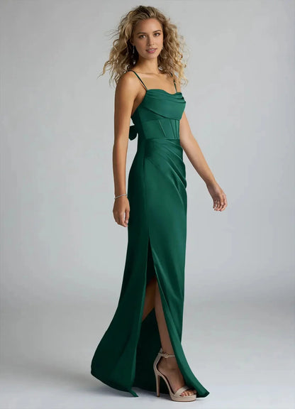 Emerald Green Satin Maxi Dress with Bow Back and Side Slit Sheath Pleated Stretch Satin Dress Bridesmaid Dresses by YiHuiw