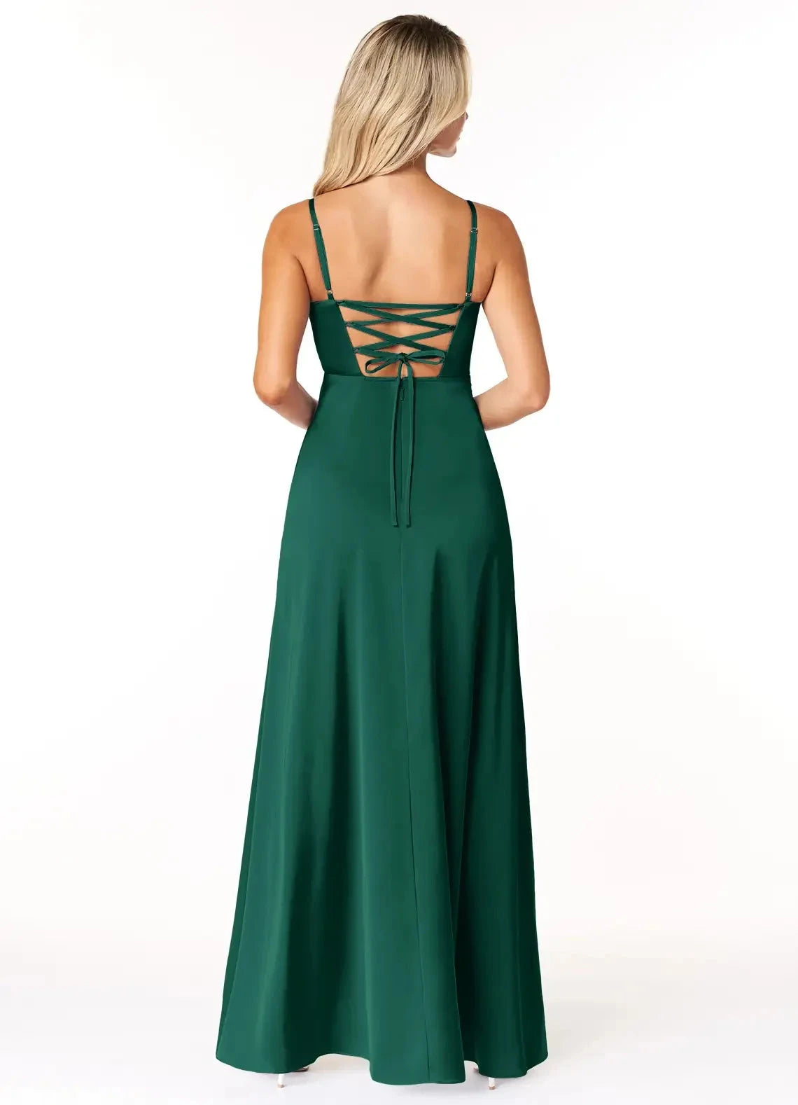 Emerald Green Satin Spaghetti Strap Evening Gown with Lace-Up Back A-Line Corset Stretch Satin Dress Bridesmaid Dresses by YiHuiw