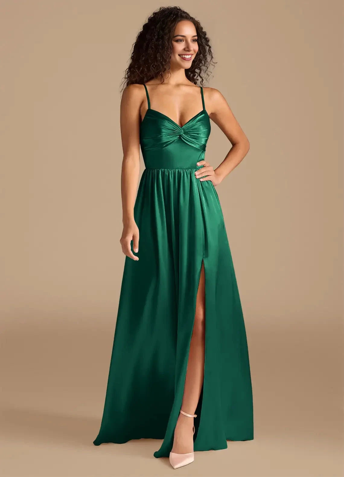 Emerald Green Satin Spaghetti Strap Maxi Dress with Bow Back and Side Slit Emerald A-Line Pleated Metallic Satin Dress Bridesmaid Dresses by YiHuiw