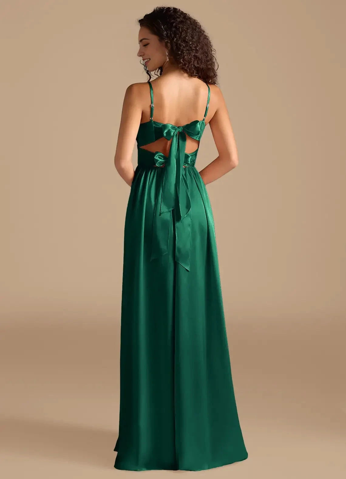 Emerald Green Satin Spaghetti Strap Maxi Dress with Bow Back and Side Slit Emerald A-Line Pleated Metallic Satin Dress Bridesmaid Dresses by YiHuiw