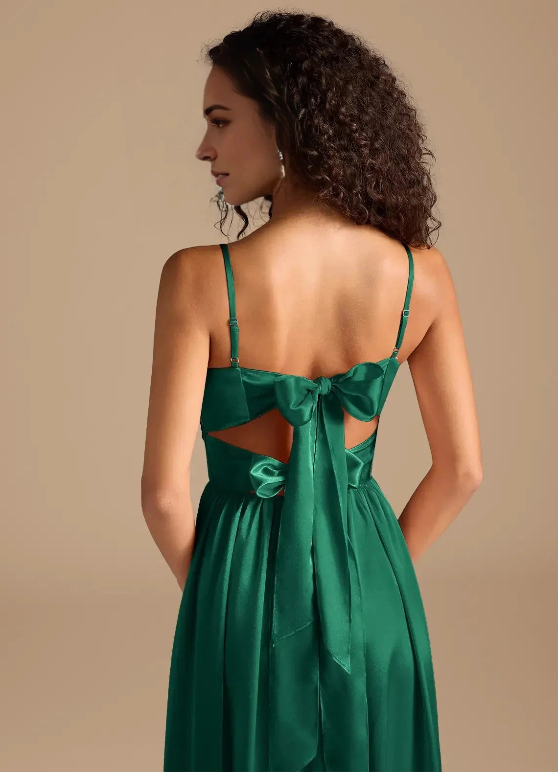 Emerald Green Satin Spaghetti Strap Maxi Dress with Bow Back and Side Slit Emerald A-Line Pleated Metallic Satin Dress Bridesmaid Dresses by YiHuiw