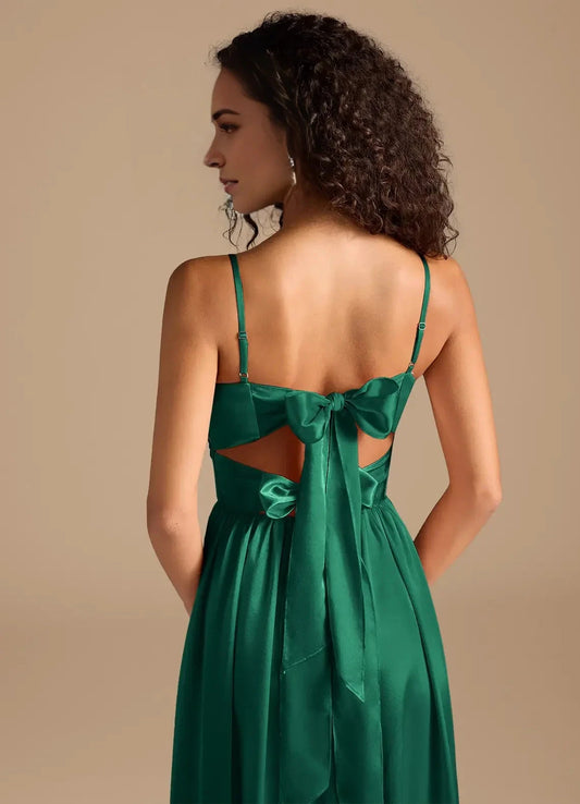Emerald Green Satin Spaghetti Strap Maxi Dress with Bow Back and Side Slit Emerald A-Line Pleated Metallic Satin Dress Bridesmaid Dresses by YiHuiw