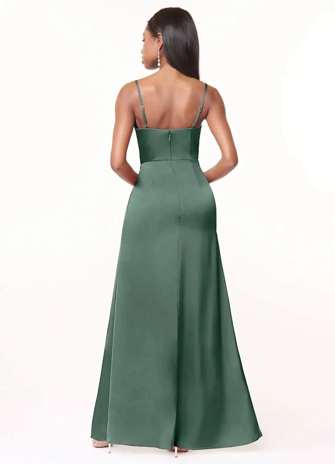 Emerald Green Satin Spaghetti Strap Maxi Dress with Side Slit Eucalyptus A-Line V-Neck Pleated Stretch Satin Dress Bridesmaid Dresses by YiHuiw