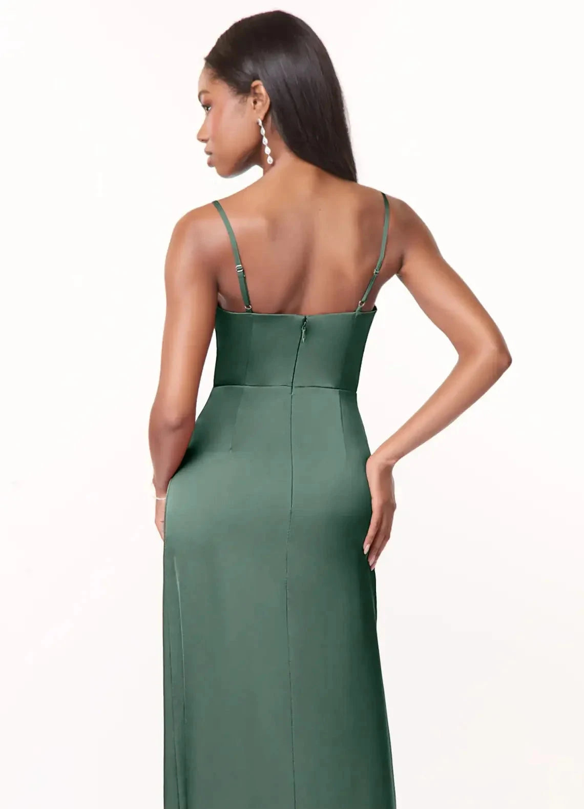 Emerald Green Satin Spaghetti Strap Maxi Dress with Side Slit Eucalyptus A-Line V-Neck Pleated Stretch Satin Dress Bridesmaid Dresses by YiHuiw