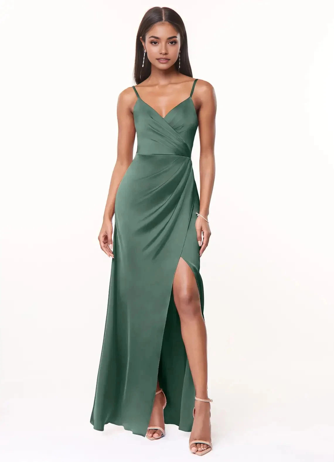 Emerald Green Satin Spaghetti Strap Maxi Dress with Side Slit Eucalyptus A-Line V-Neck Pleated Stretch Satin Dress Bridesmaid Dresses by YiHuiw