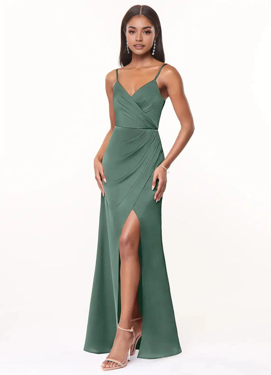 Emerald Green Satin Spaghetti Strap Maxi Dress with Side Slit Eucalyptus A-Line V-Neck Pleated Stretch Satin Dress Bridesmaid Dresses by YiHuiw