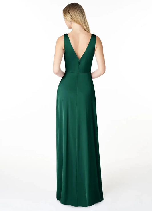Emerald Green Satin V-Neck Maxi Dress with Side Slit and Pockets A-Line V-Neck Pleated Stretch Satin Dress Bridesmaid Dresses by YiHuiw