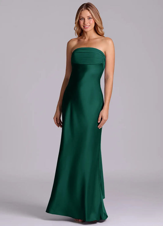 Green Mermaid Strapless Satin Ruched Floor-Length Wedding Dress - Yihuiw by Yihuiw