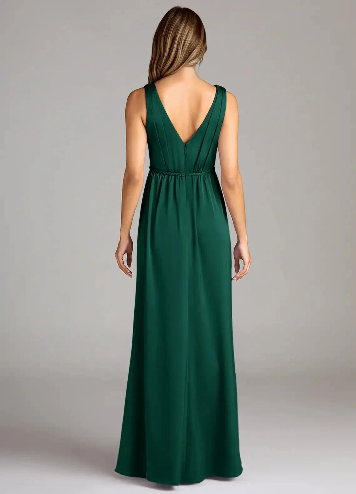 Emerald Green V-Neck Maxi Dress with Side Slit and Open Back Emerald A-Line Pleated Stretch Satin Dress Bridesmaid Dresses by YiHuiw