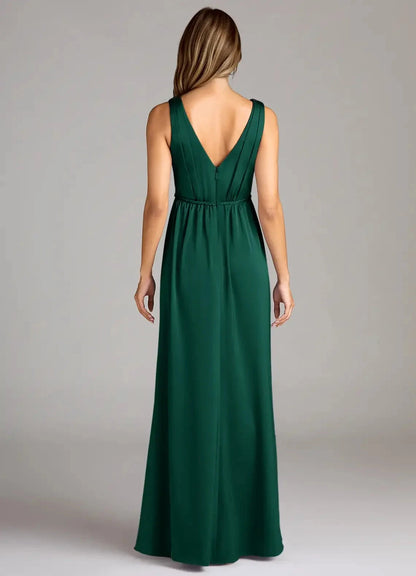 Emerald Green V-Neck Maxi Dress with Side Slit and Open Back Emerald A-Line Pleated Stretch Satin Dress Bridesmaid Dresses by YiHuiw